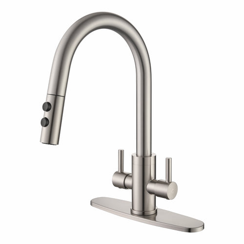 Kitchen Faucet, Two Handles Sink Faucet with Sprayer, Stainless Steel, Brushed Nickel, PB1045