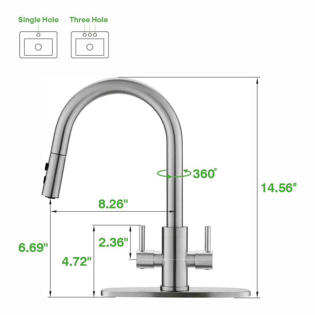 Kitchen Faucet, Two Handles Sink Faucet with Sprayer, Stainless Steel, Brushed Nickel, PB1045
