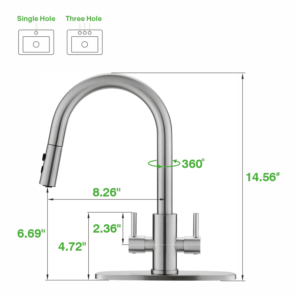 Kitchen Faucet, Two Handles Sink Faucet with Sprayer, Stainless Steel, Brushed Nickel, PB1045