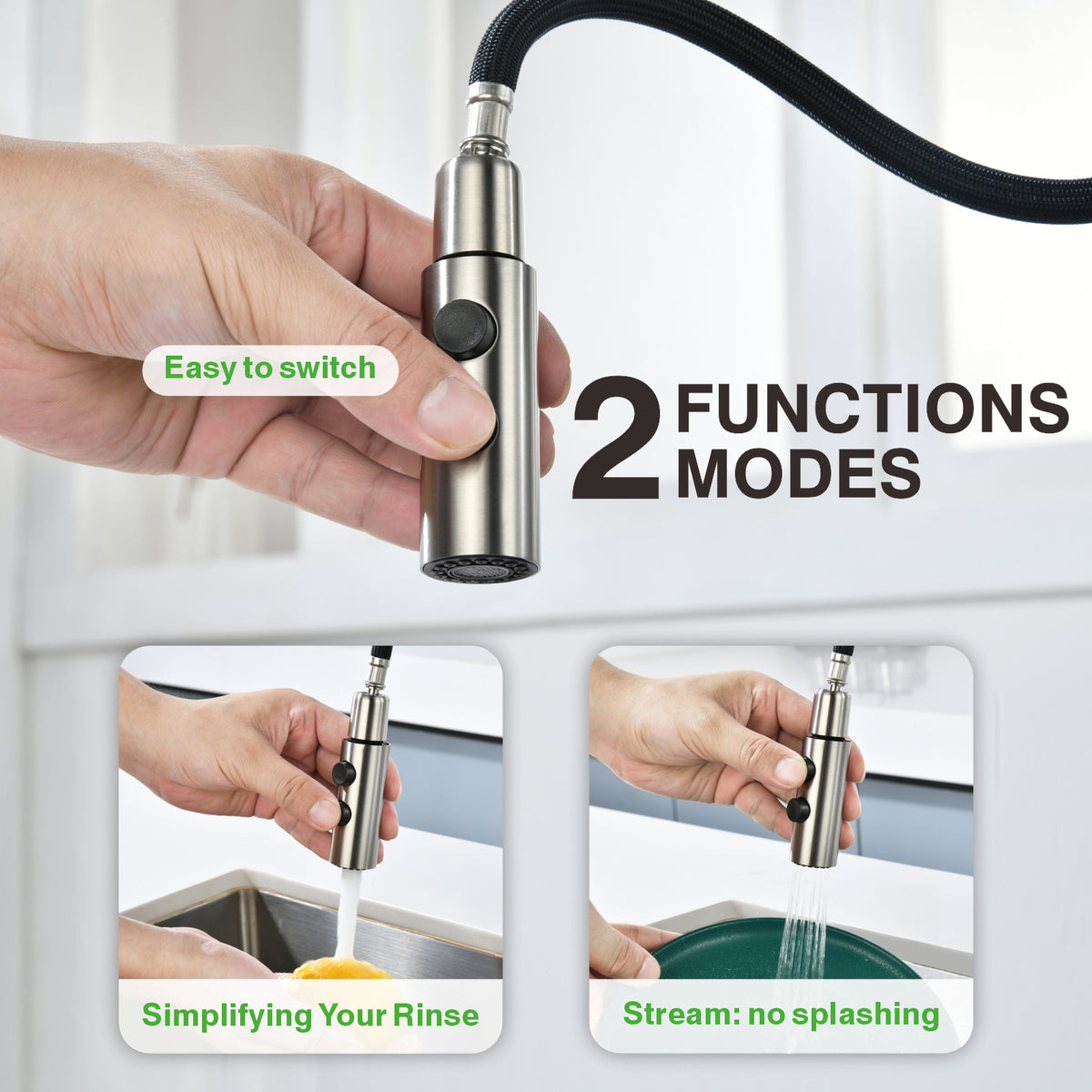 Kitchen Faucet, Two Handles Sink Faucet with Sprayer, Stainless Steel, Brushed Nickel, PB1045