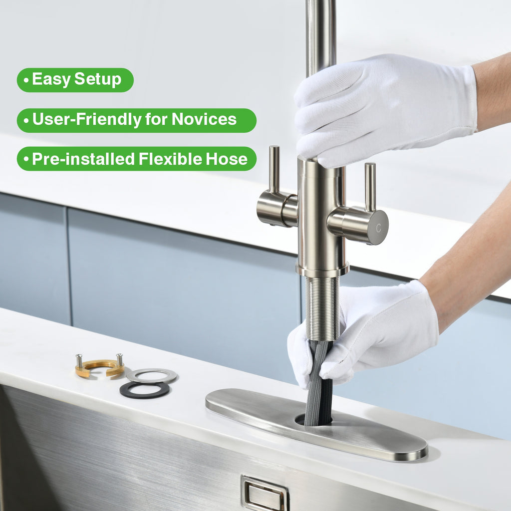 Kitchen Faucet, Two Handles Sink Faucet with Sprayer, Stainless Steel, Brushed Nickel, PB1045