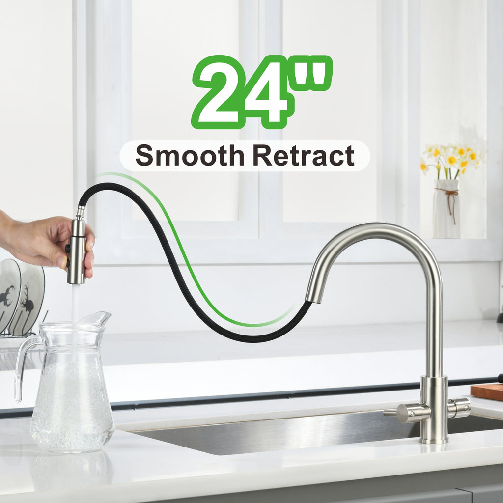 Kitchen Faucet, Two Handles Sink Faucet with Sprayer, Stainless Steel, Brushed Nickel, PB1045