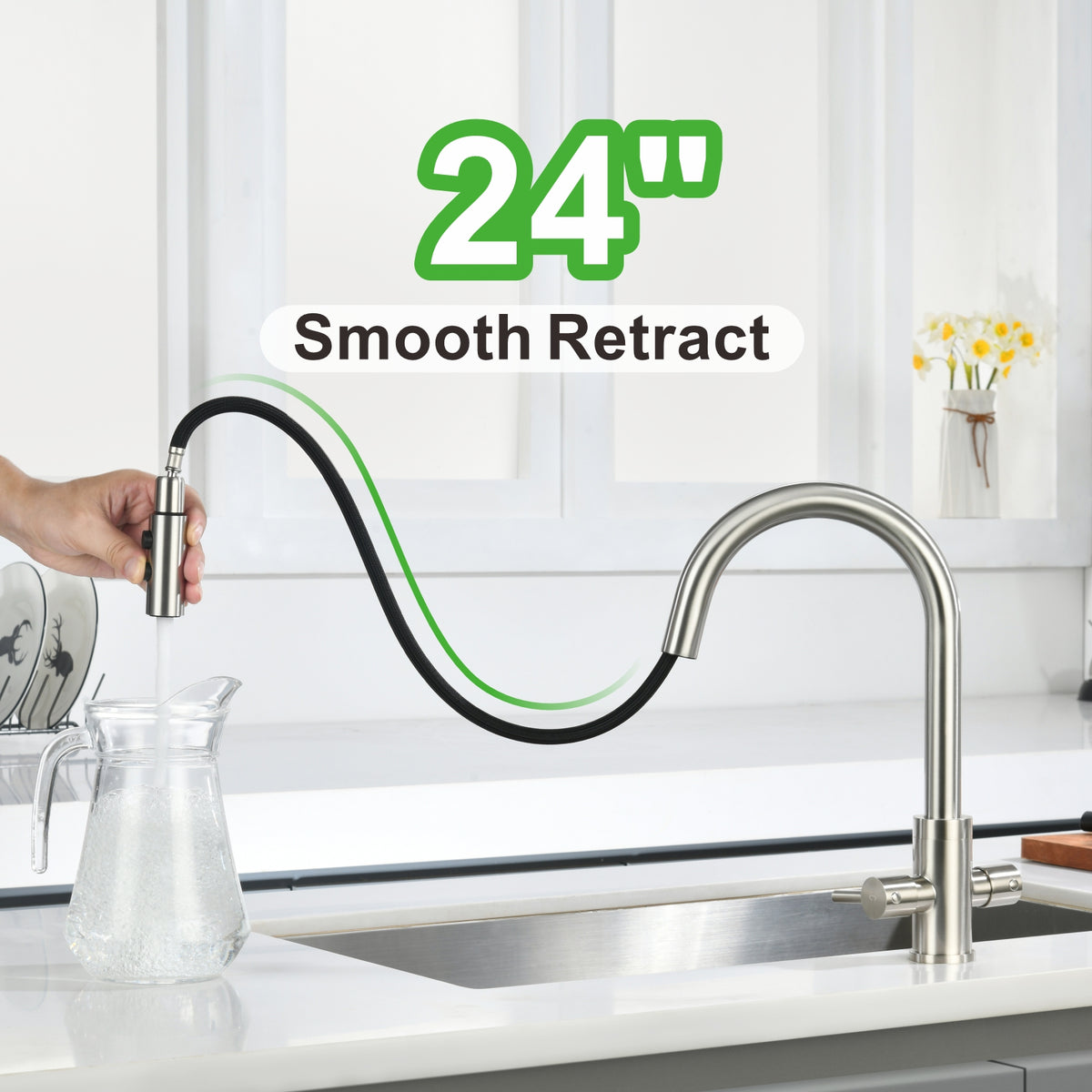 Kitchen Faucet, Two Handles Sink Faucet with Sprayer, Stainless Steel, Brushed Nickel, PB1045