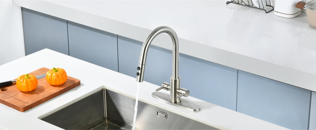 Kitchen Faucet, Two Handles Sink Faucet with Sprayer, Stainless Steel, Brushed Nickel, PB1045