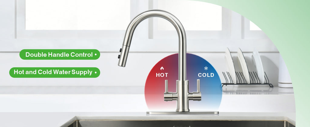 Kitchen Faucet, Two Handles Sink Faucet with Sprayer, Stainless Steel, Brushed Nickel, PB1045