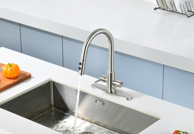 Kitchen Faucet, Two Handles Sink Faucet with Sprayer, Stainless Steel, Brushed Nickel, PB1045