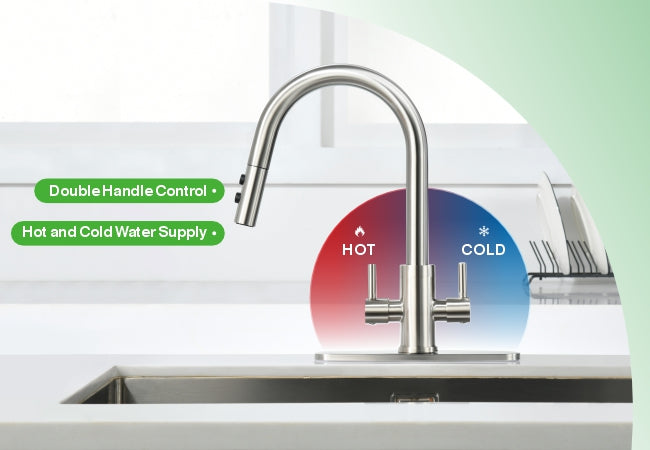 Kitchen Faucet, Two Handles Sink Faucet with Sprayer, Stainless Steel, Brushed Nickel, PB1045