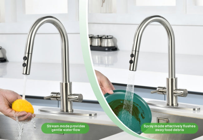 Kitchen Faucet, Two Handles Sink Faucet with Sprayer, Stainless Steel, Brushed Nickel, PB1045